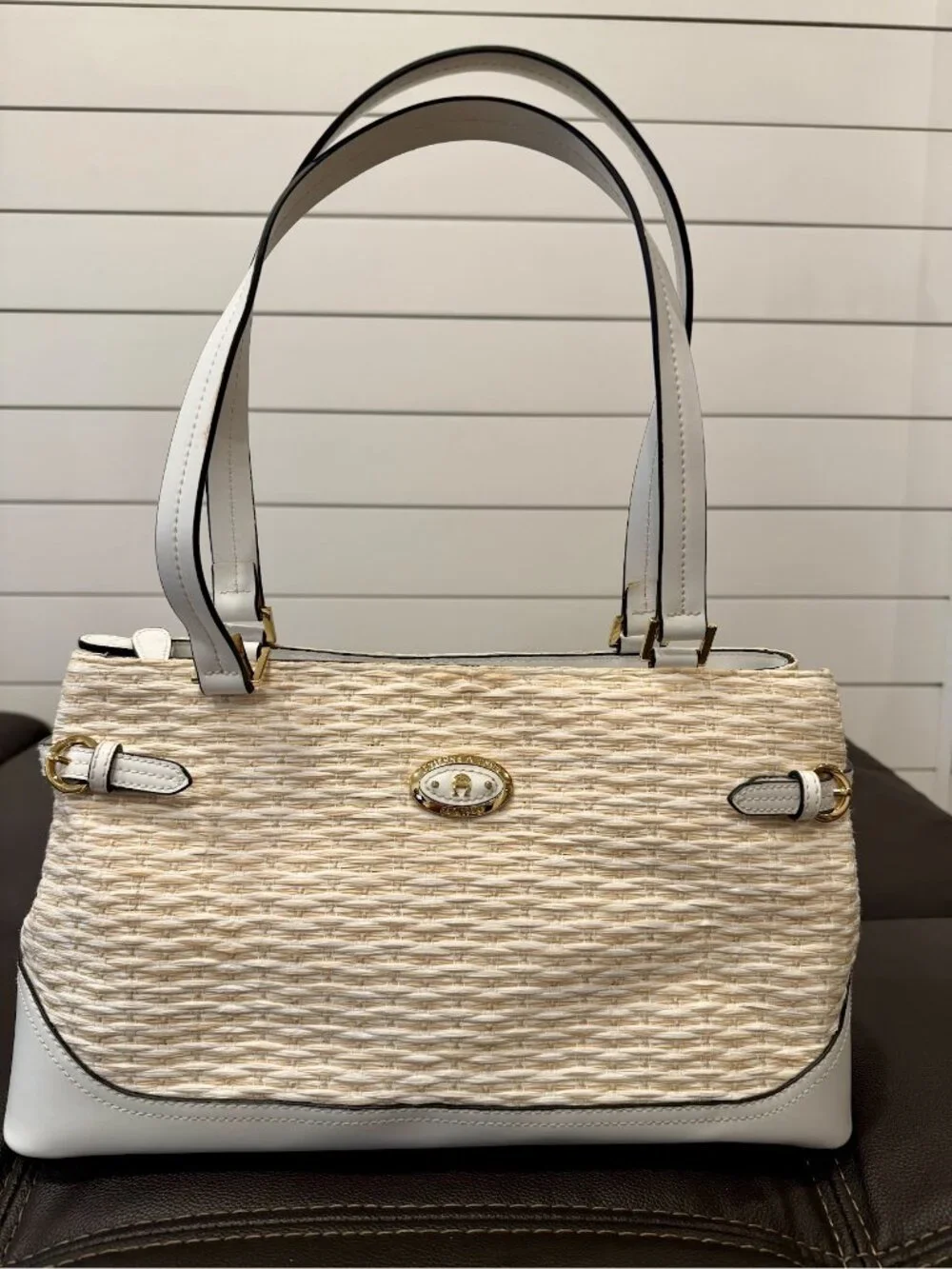 Etienne Aigner Woven Straw Shoulder Bag White Tan Gold Paisley 3690
